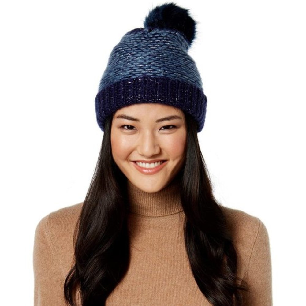 NWT Macys INC Skip Stitch Faux Fur Blue Beanie Hat